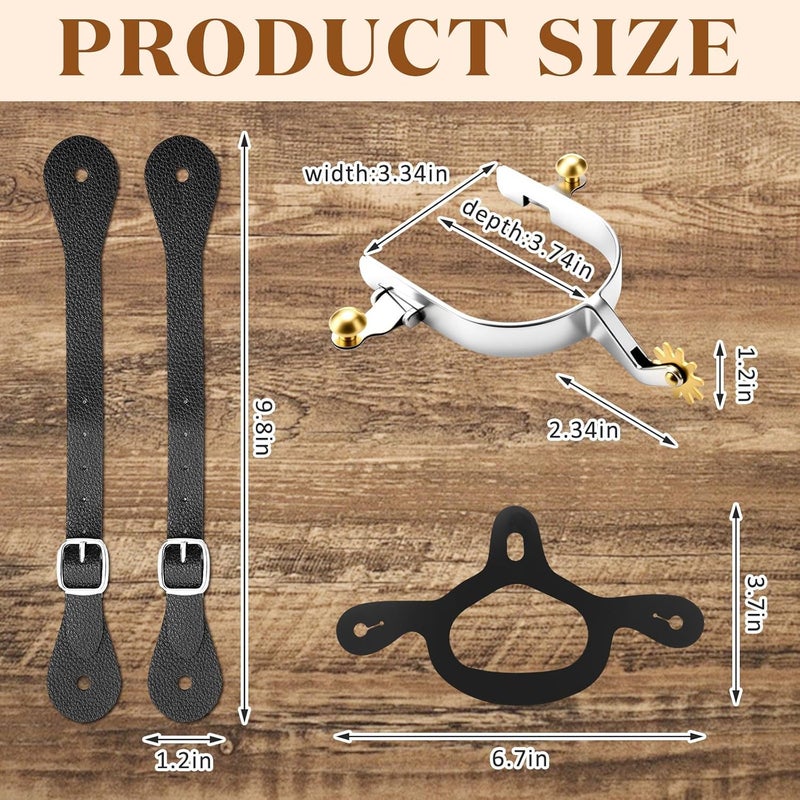 BrightRow 2 Pack Spurs for Cowboy Boots Men with 2 Pcs Leather Belt and Tie Down Straps, Stainless Steel Western English Horse Spurs with Rotatable Gear, Equestrian Riding Accessories - Image 2